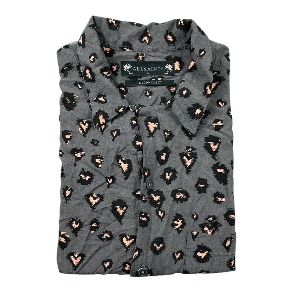 AllSaints Romansu Gray Heart Print Relaxed Fit Viscose SS Button Up Shirt Mens M